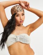 Asos Design Mix And Match Crinkle Knot Front Bandeau Bikini Top In Natural Tones-neutral