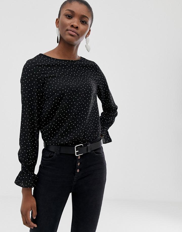 Pieces Shira Polka Dot Fluted Sleeve Blouse - Black