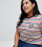Asos Design Curve Rainbow Stripe T-shirt With Heart Embroidery - Multi