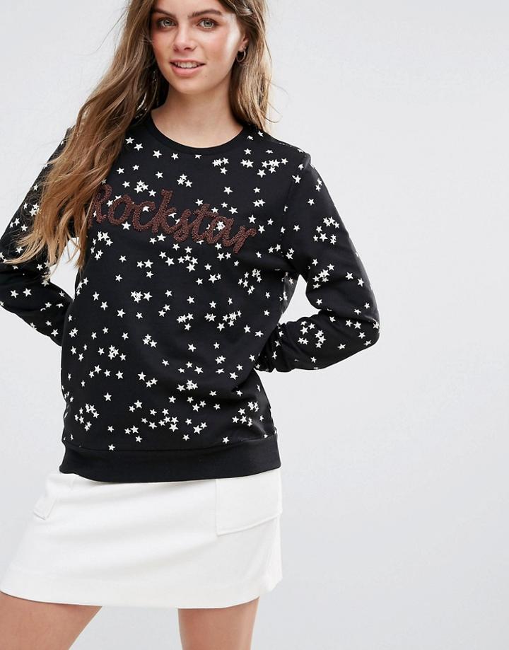 Pieces Lita Rockstar Print Sweater - Black