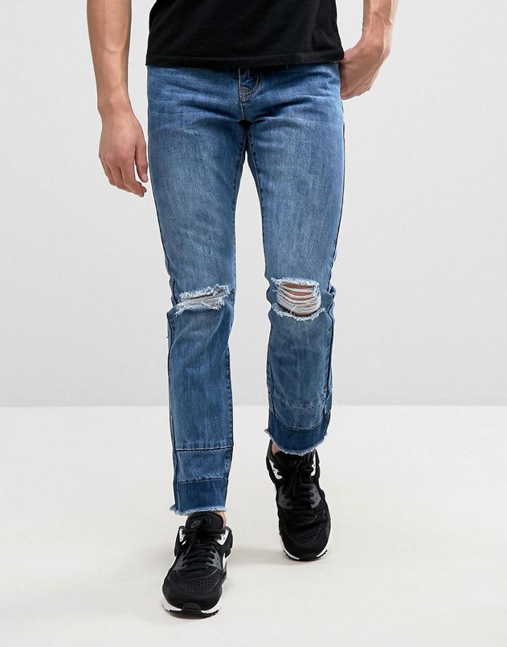 Always Rare Clarence Slim Taper Jean Mid Wash Knee Rip Cut & Sew Hem - Blue