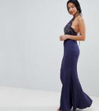Jarlo Petite High Neck Lace Dress With Tie Back Detail-navy