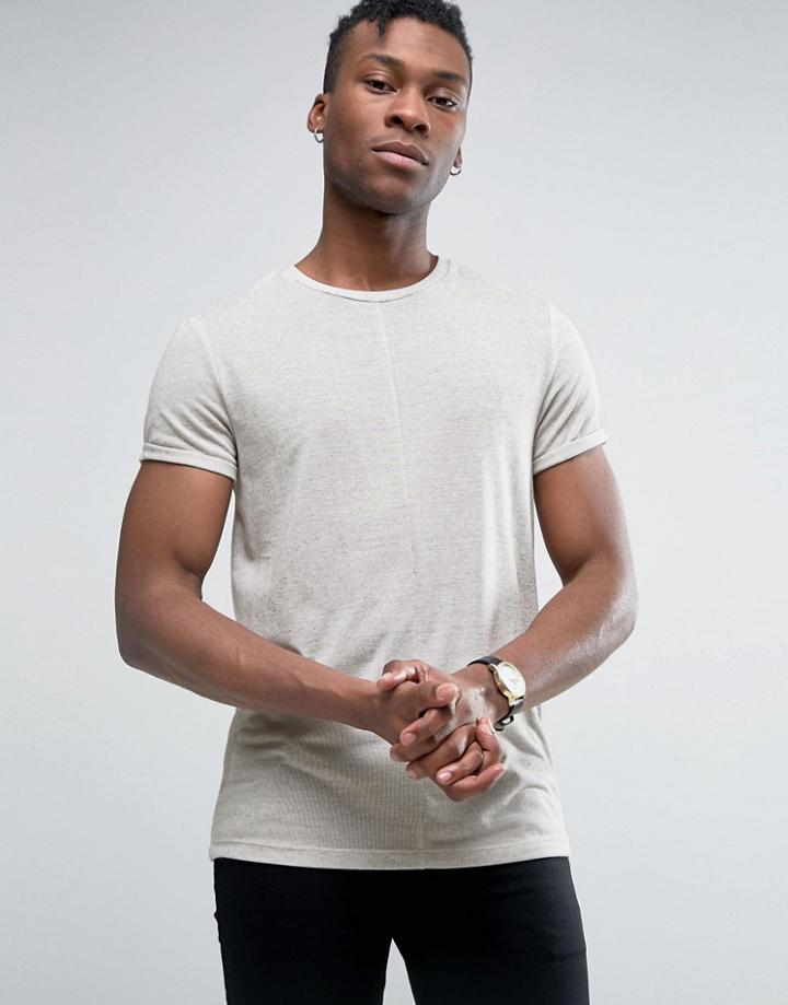 Asos T-shirt With Raw Seam And Roll Sleeves In Linen Mix - Beige