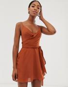 Asos Design Cami Wrap Mini Dress With Tie Waist-orange
