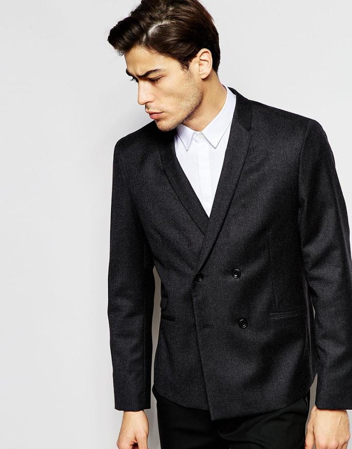Hart Hollywood By Nick Hart 100% Wool Double Breasted Wool Blazer In Slim Fit - Charcoal