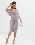 Asos Design Scatter Sequin Knot Front Kimono Midi Dress - Gray