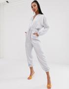 Asos Design Hooded Satin Boiler Jumpsuit - Silver