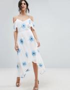 Asos Premium Cold Shoulder Embroidered Midi Dress With Dip Back Hem - White