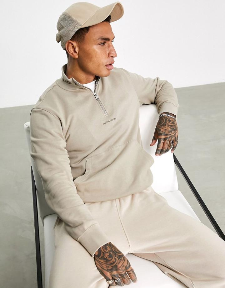 Calvin Klein Jeans Jacquard Neck Logo Half Zip Sweatshirt In Stone-neutral