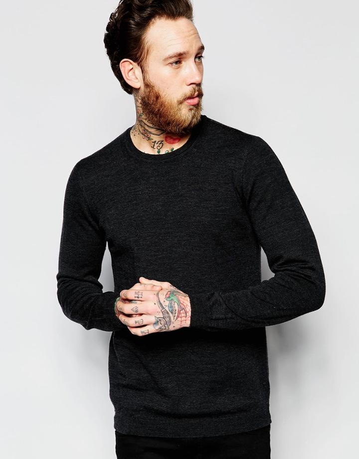 Asos Merino Wool Crew Neck Sweater In Charcoal - Charcoal Marl