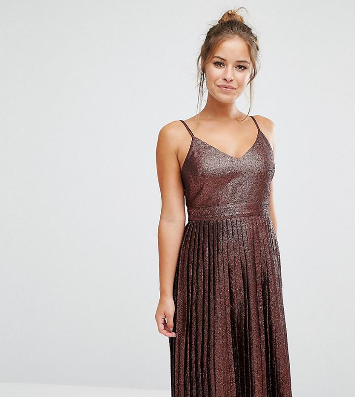 Asos Petite Midi Pleated Cami Dress In Bronze Metallic - Copper
