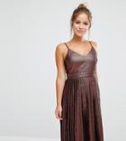 Asos Petite Midi Pleated Cami Dress In Bronze Metallic - Copper