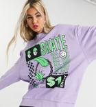 Collusion Skate Print Oversized Sweatshirt In Lilac-purple