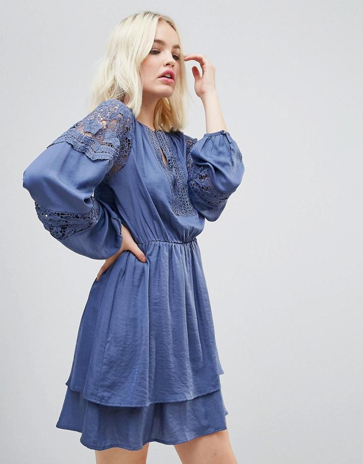 Hazel Lace Paneled Long Sleeved Dress - Blue