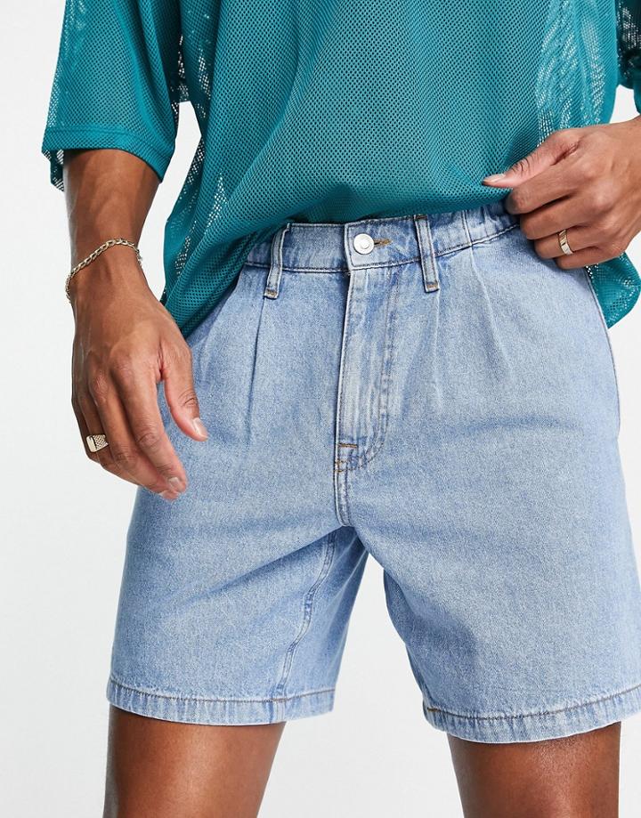 Asos Design Denim Short In Light Wash With Elasticated Pleat Detail-blue
