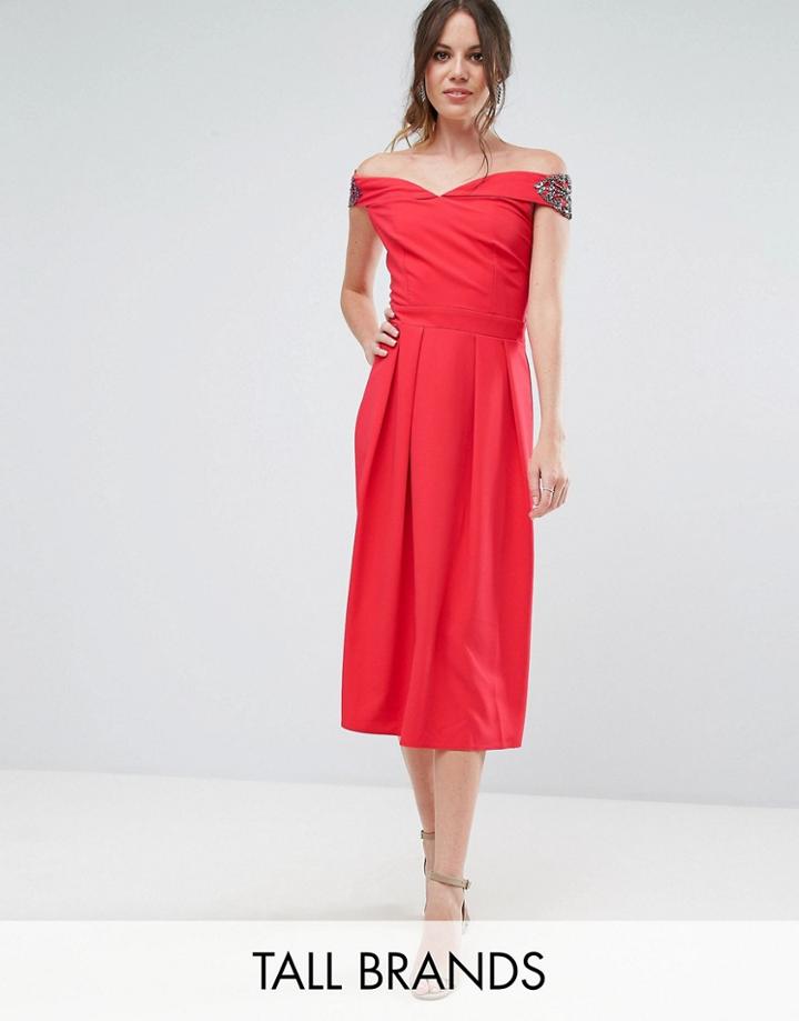 Little Mistress Tall Embellished Off Shoulder Wrap Midi Dress - Red