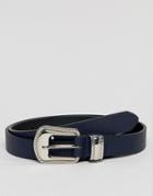Asos Design Faux Leather Skinny Belt In Navy With Western Buckle