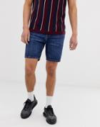 Bershka Slim Fit Denim Shorts With Abrasions In Mid Blue