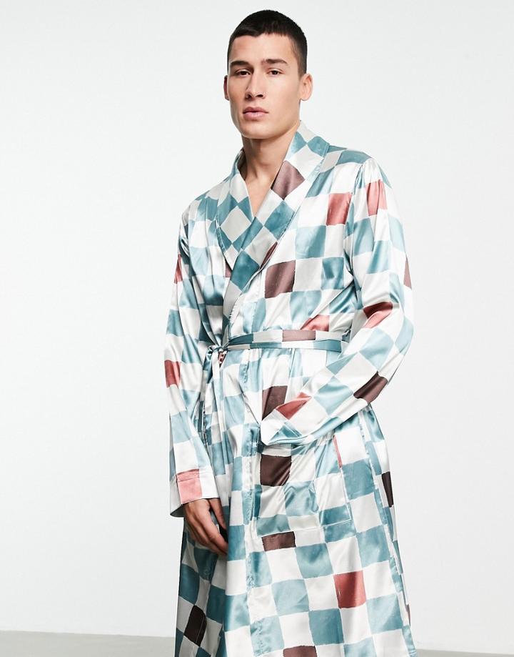 Asos Design Satin Dressing Gown With Check Print-multi