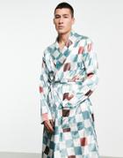 Asos Design Satin Dressing Gown With Check Print-multi