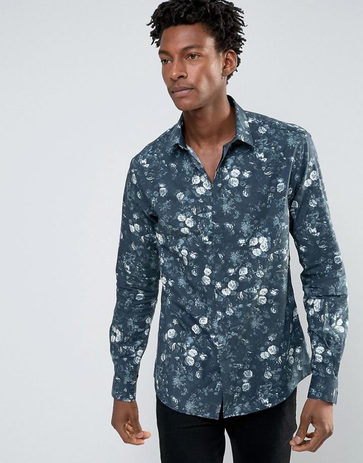 Noose & Monkey Skinny Shirt In All Over Floral Print - Green