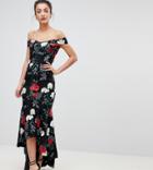 Chi Chi London Tall Bardot Midi Dress With Fishtail Hem-multi