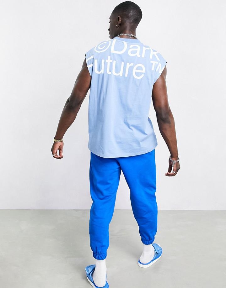 Asos Dark Future Oversized Tank In Blue With Super Sized Logo Print-blues