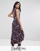 Asos Tall Maxi Tea Dress With Cut Out Back Detail In Grunge Floral Print - Multi