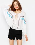 Piper Bacoor Oversized Blouse With Turquoise Tassles - White