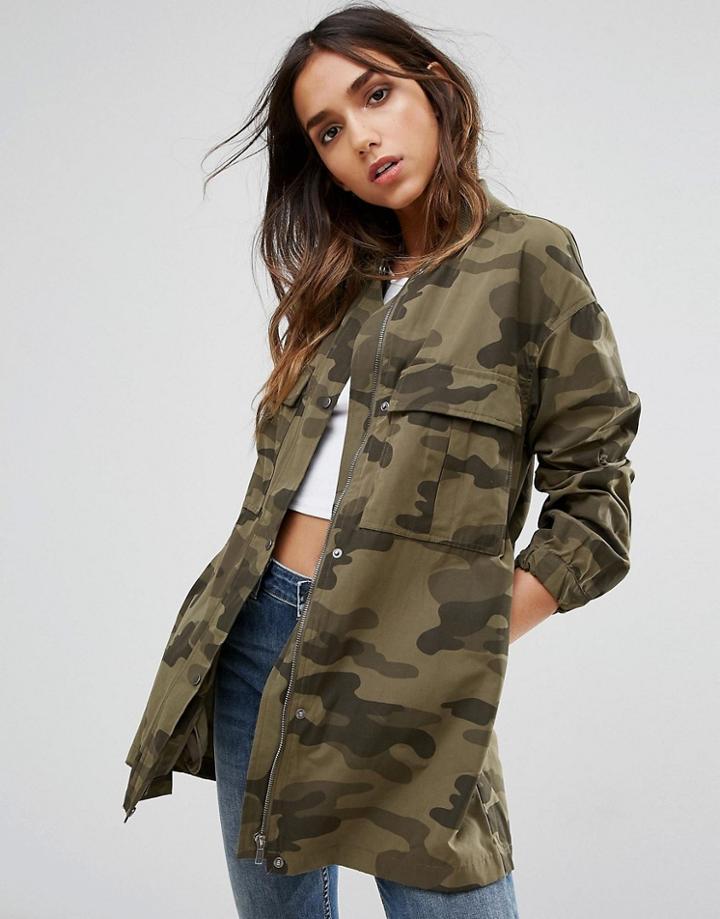 Pieces Camo Long Lightweight Jacket - Green