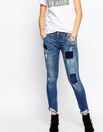 Pepe Jeans Patchwork Slim Jean With Roll Hem - Blue