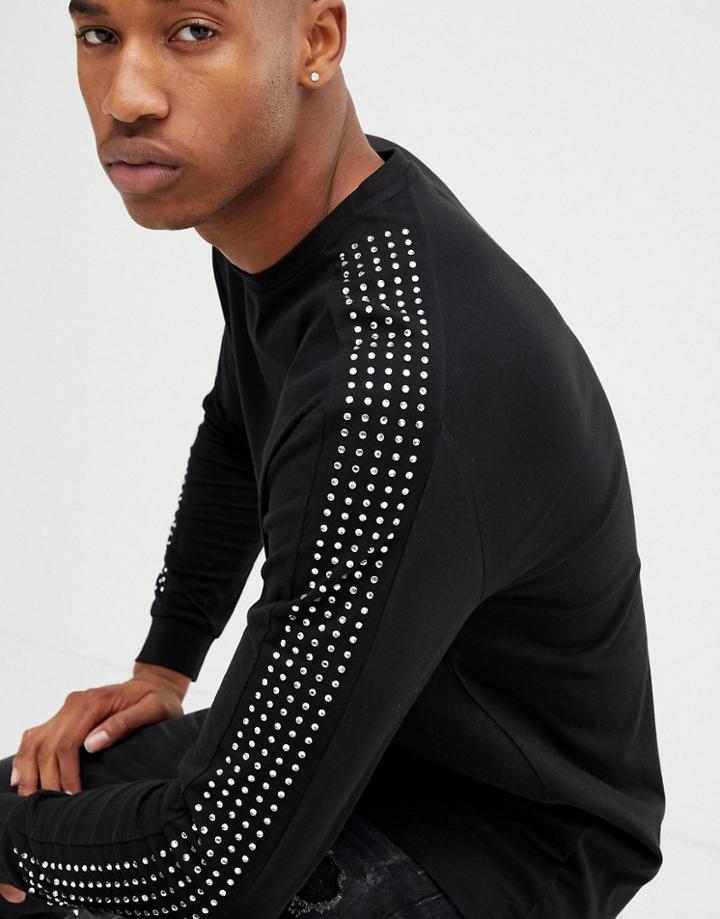 Asos Design Relaxed Longline Long Sleeve T-shirt With Embellished Gems In Black