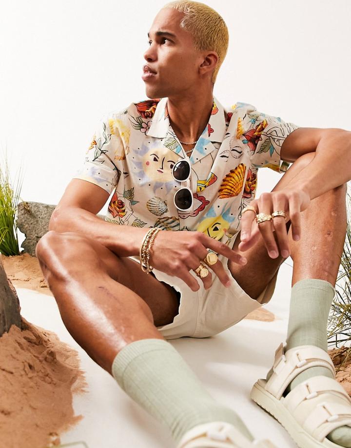 Asos Design Relaxed Linen Mix Shirt With Scribble Conversational Print-white
