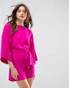 Asos Romper With Kimono Sleeve & Self Tie Belt In Crepe - Pink