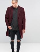 Asos Wool Mix Overcoat In Burgundy - Red