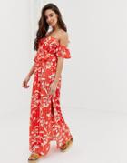 Asos Design Bardot Beach Maxi Dress With Ruffles In Flamenco Floral Stripe Print - Multi