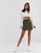 Prettylittlething Contrast Stich Belted Mini Skirt In Khaki - Gray