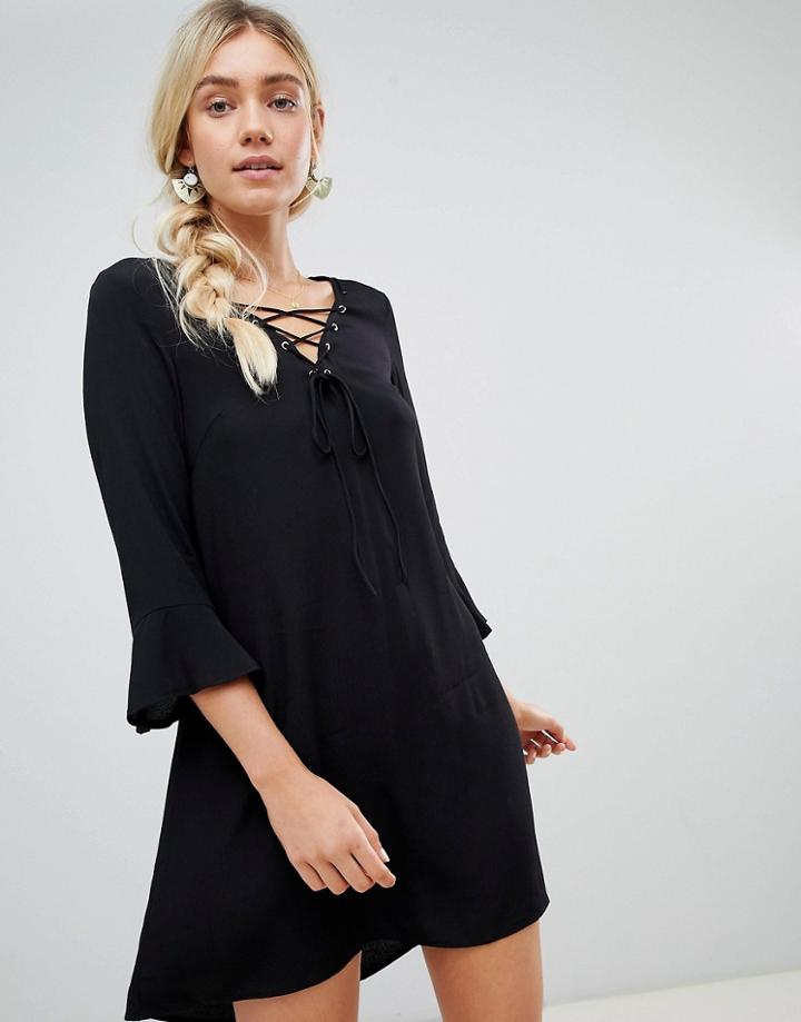 Lunik Lace Up Front Smock Dress - Black