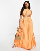 Asos Design Cross Waist Halter Maxi Beach Dress In Coral-orange