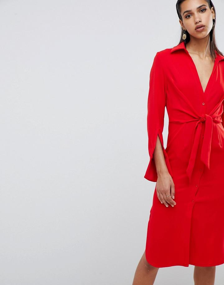 Lavish Alice Gathered Tie Waist Shirt Dress - Red