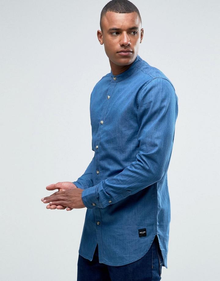 Only & Sons Longline Shirt With Grandad Collar In Slim Fit - Blue