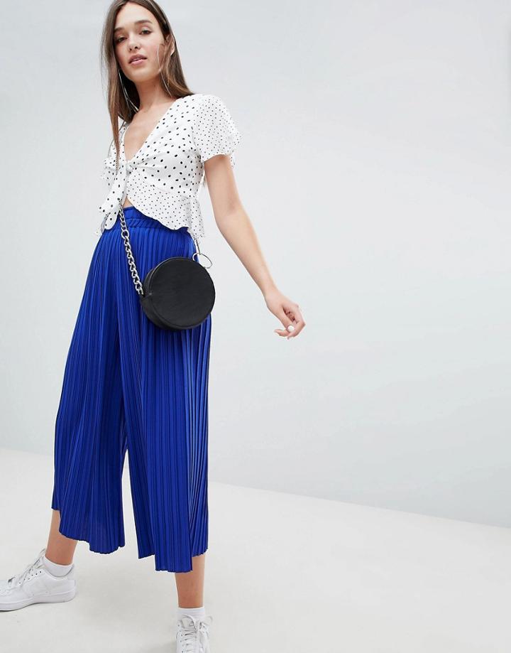 Bershka Heavy Pleated Cropped Pants In Blue - Blue
