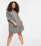 Asos Design Curve Oversized T-shirt Dress With Floral Embroidery All Over Design In Gray-grey