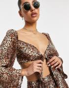Asos Design Long Sleeve Tie Front Beach Top In Natural Leopard Print-multi