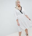 Asos Design Curve Spot Lace Trim Kimono Midi Dress-white