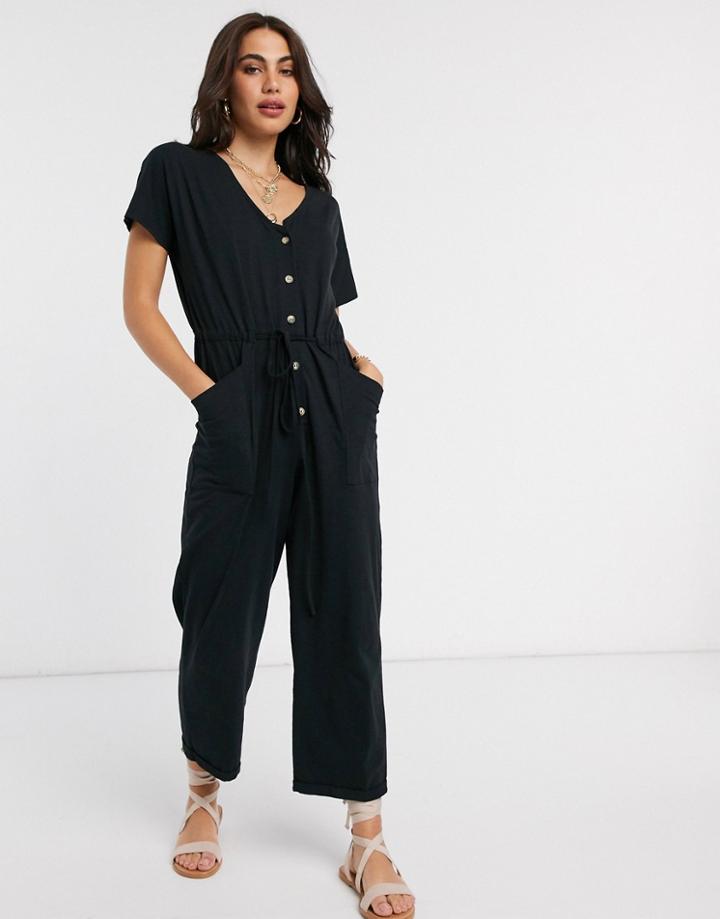 Asos Design Lounge Jersey Slub Button Front Jumpsuit With Tie Waist In Black