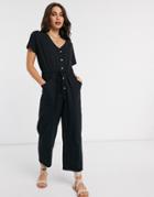 Asos Design Lounge Jersey Slub Button Front Jumpsuit With Tie Waist In Black