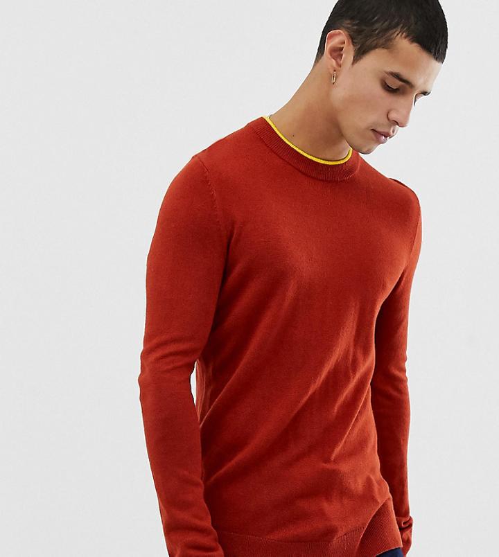Collusion Skinny Fit Crew Neck Sweater In Rust With Mustard Tipping-brown