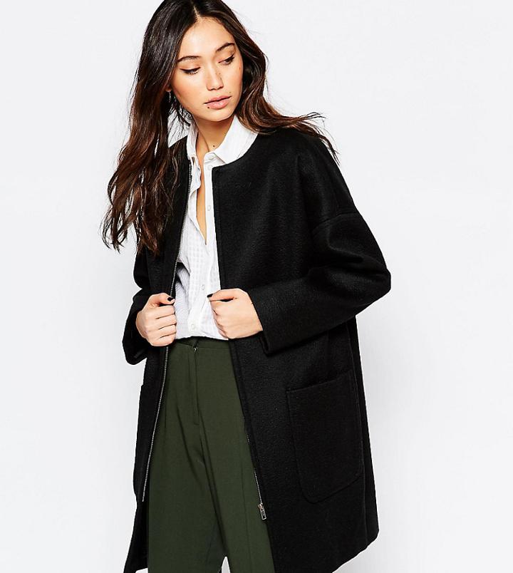 Helene Berman Black Coated Zip Front Collarless Coat - Black