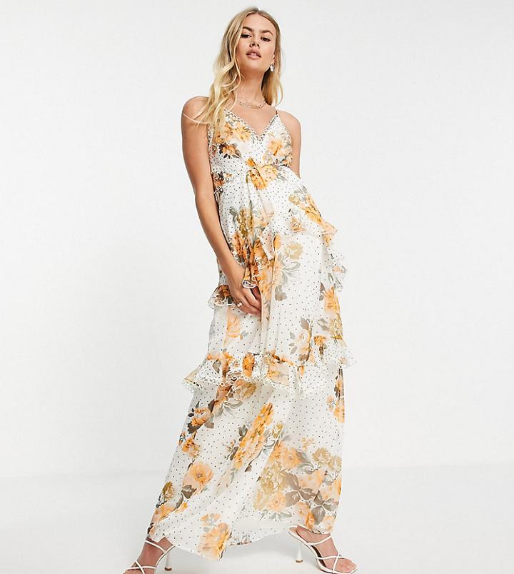 Asos Design Maternity Cami Maxi Dress With Open Back And Circle Trim In Floral Print-multi
